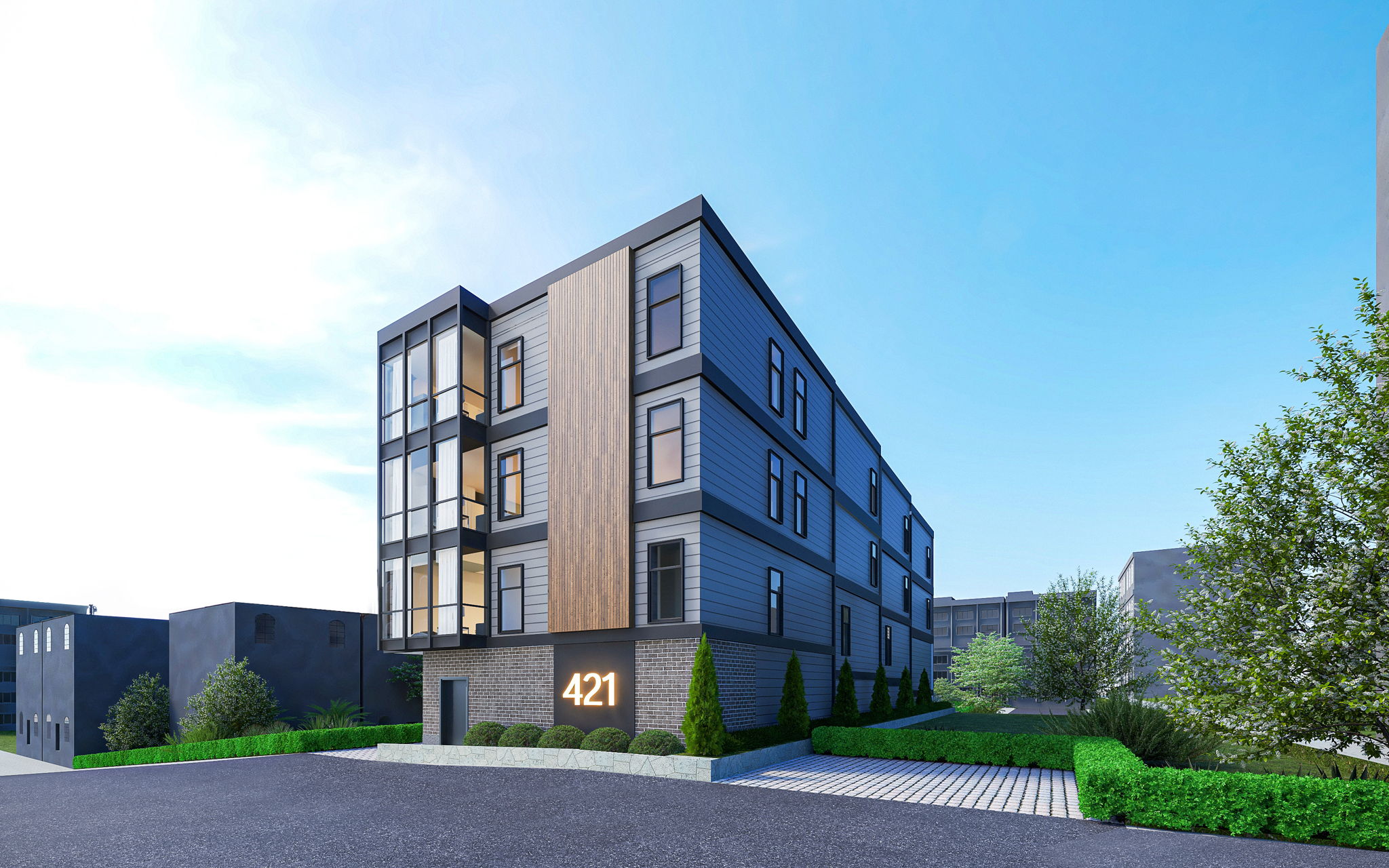 Dusk architectural rendering of the four townhomes